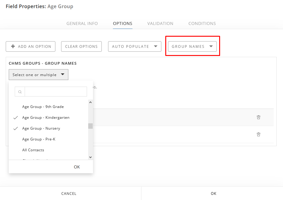 field options for ChMS Groups