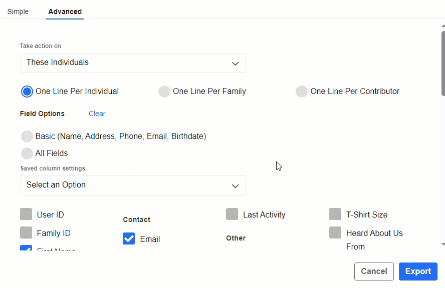 Saved customized options