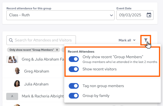 ChMS Record Attendance Filter Recent Attendees Options.png