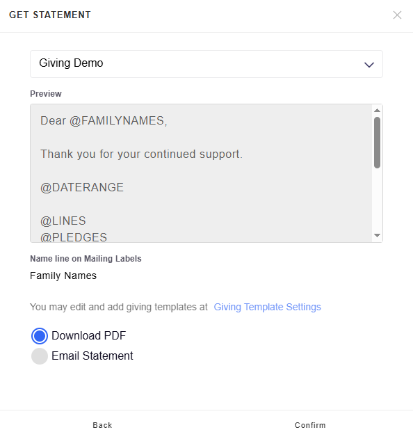 Indivdual Giving Statement Select Template